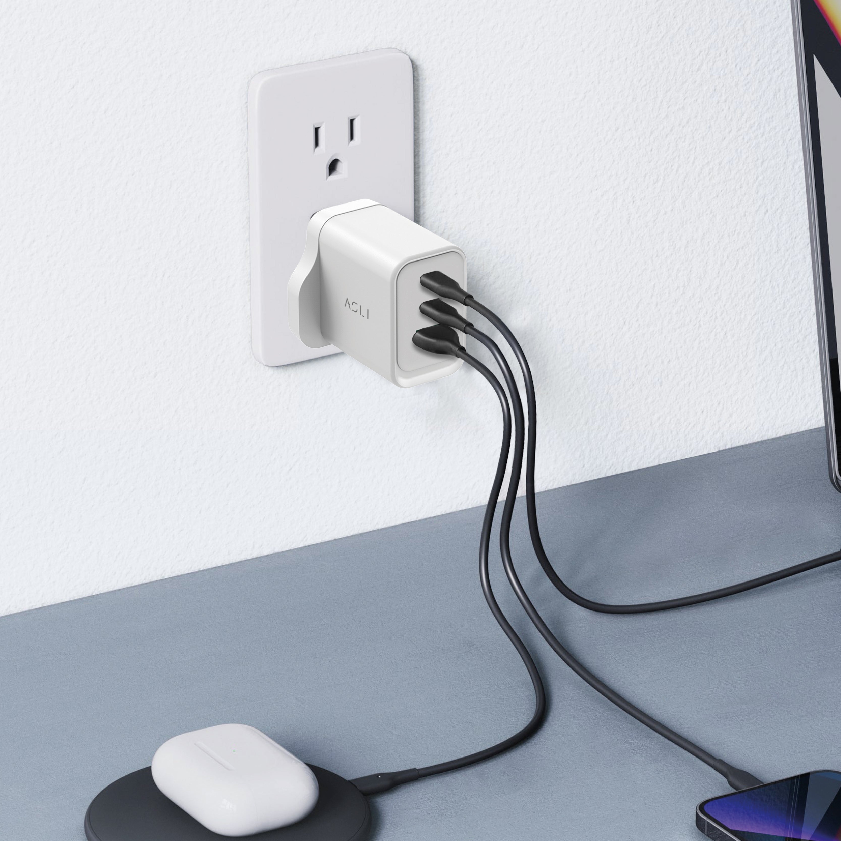 شاحن حائط فائق السرعة من أسلي جلوبال بقوة 65 واط بثلاث منافذ USB بتقنية GaN , PD | أبيض شاحن حائط فائق السرعة من أسلي جلوبال بقوة 65 واط بثلاث منافذ USB بتقنية GaN , PD | أبيض